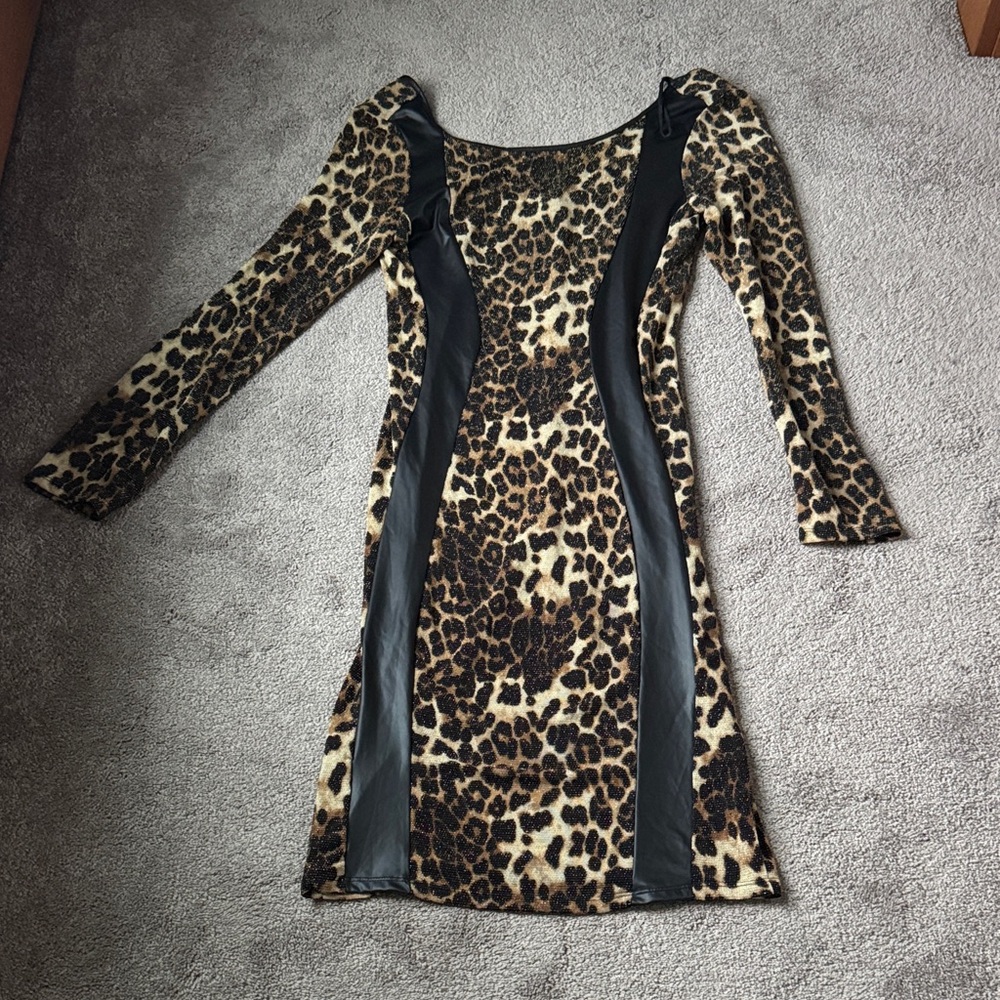 Eien Leopard Animal Print Bodycon Dress Faux Leather Panel Long Sleeve SIZE 1X
